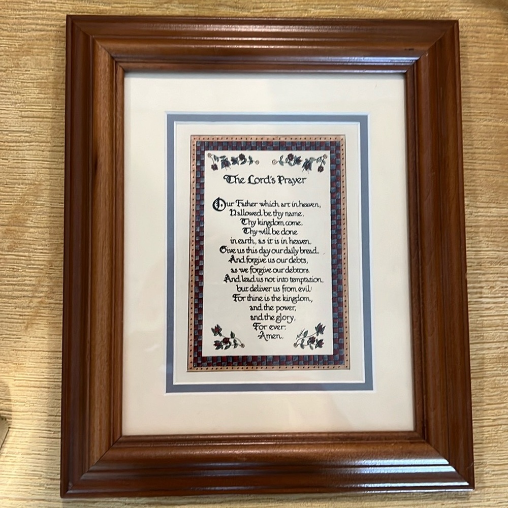 Framed Calligraphy “The Lord’s Prayer” art with oak(?) frame. Glass.